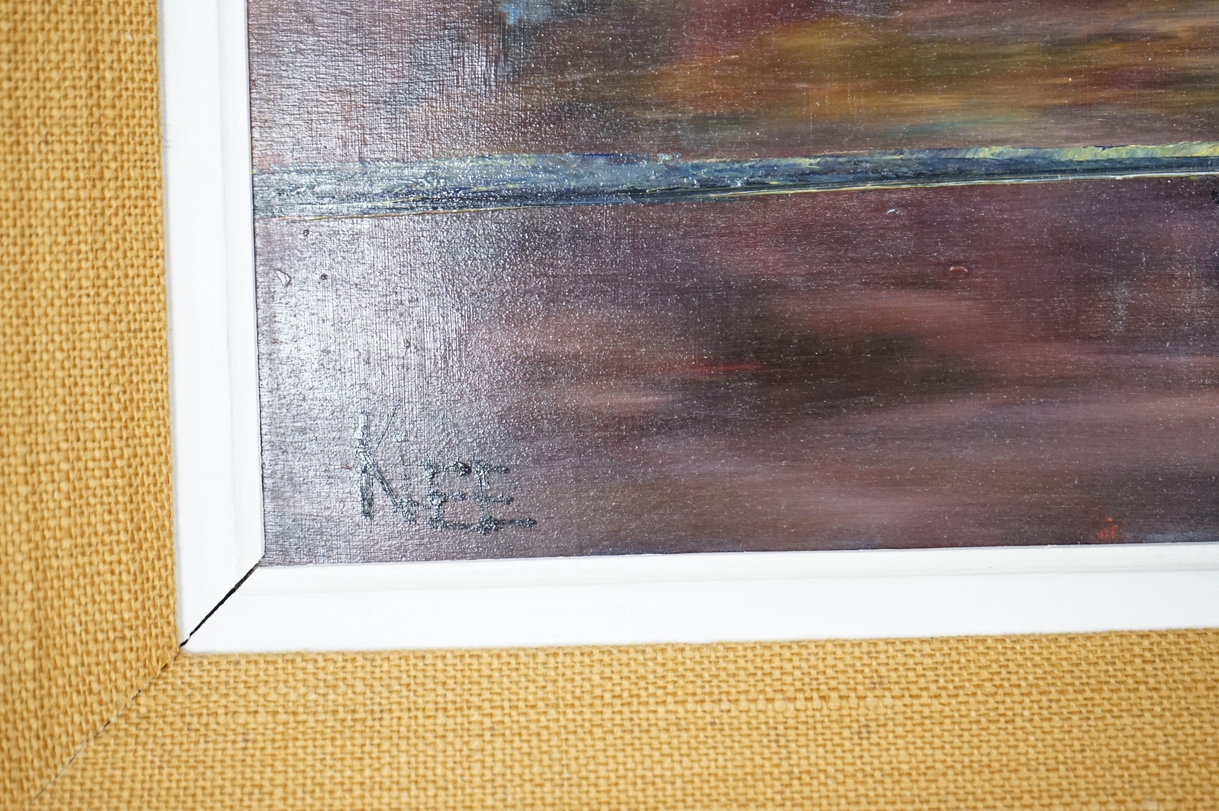 Modern and decorative oil on board, Beached fishing boats before a harbour, 44 x 105cm. Condition - good